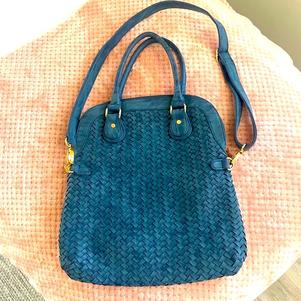 NEW Neiman Marcus Faux-Leather Woven Foldover Tote. Worn 2 ways !